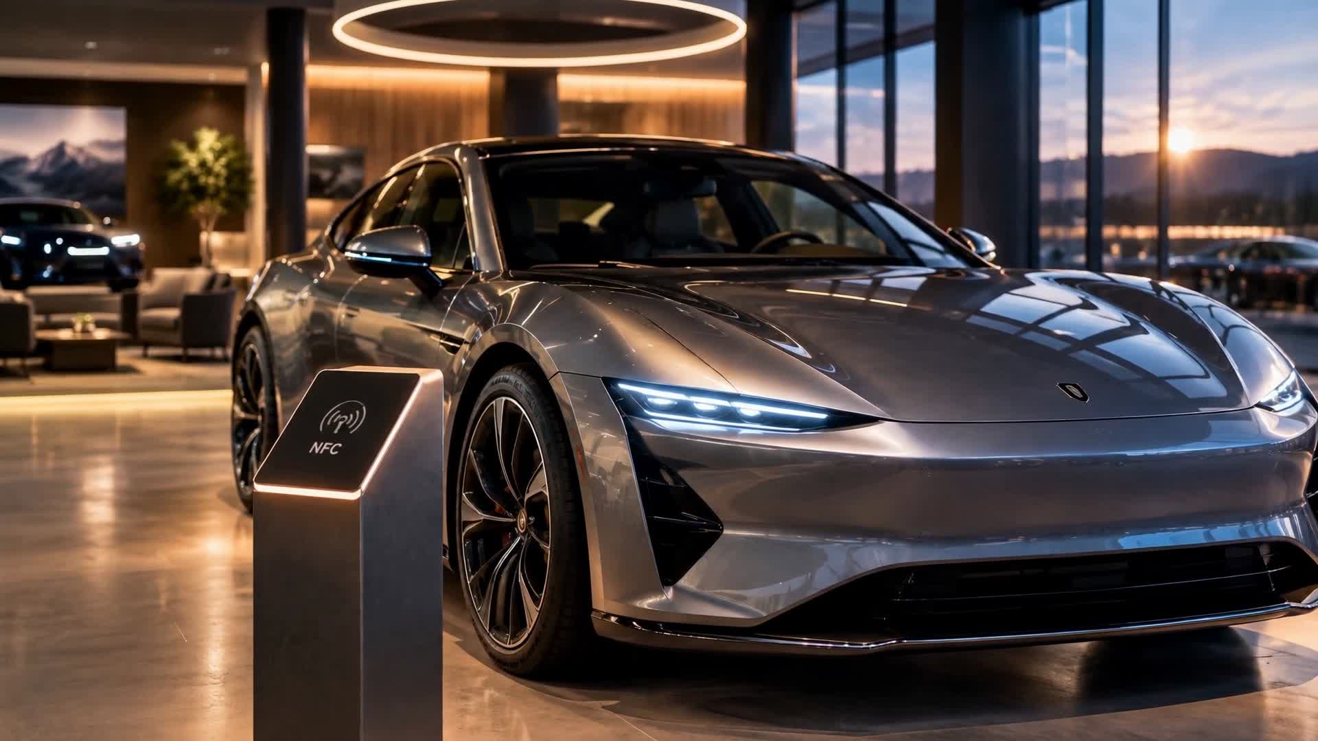 Elektro-Sportcoupé mit NFC-Ständer in einem Autohaus